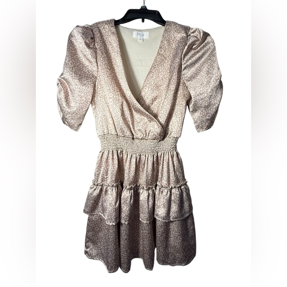 Peach Love California Satin Puff Sleeve Floral Tiered Mini Dress